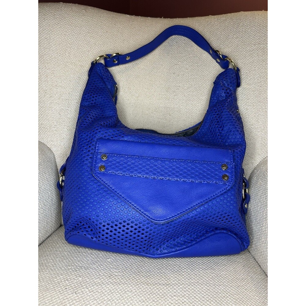Olivia + Joy Blue Perforated Crescent Shoulder Bag with Zip and Detachable Strap